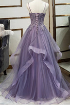Purple Tulle A Line V Neck Spaghetti Straps Prom Dress With Lace Appliques