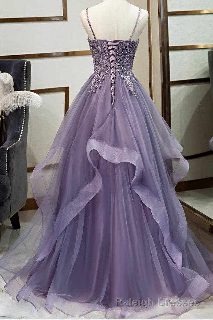 Purple Tulle A Line V Neck Spaghetti Straps Prom Dress With Lace Appliques
