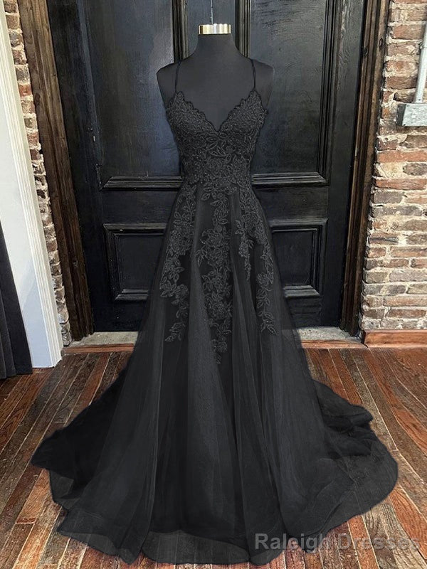 A-Line/Princess V-neck Sweep Train Tulle Evening Dresses With Appliques Lace Secondary image