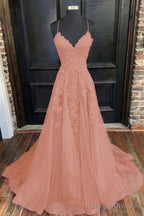A-Line/Princess V-neck Sweep Train Tulle Evening Dresses With Appliques Lace