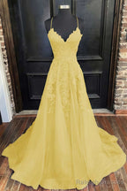 A Line V Neck Sweep Train Tulle Prom Dress With Appliques Lace
