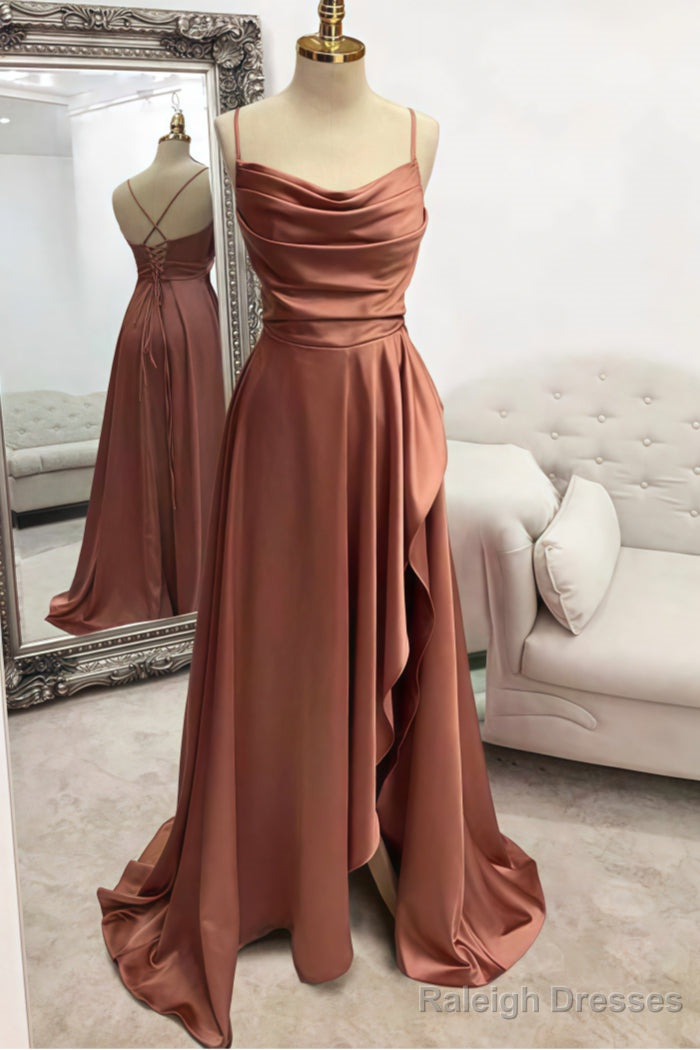A-line Bateau Spaghetti Straps Long/Floor-Length Satin Prom Dresses With Pleated Split Main image