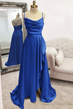 A-line Bateau Spaghetti Straps Long/Floor-Length Satin Prom Dresses With Pleated Split