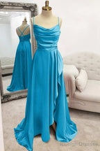 A Line Bateau Spaghetti Straps Long Dress Floor Length Satin Prom Dress With Pleated Split
