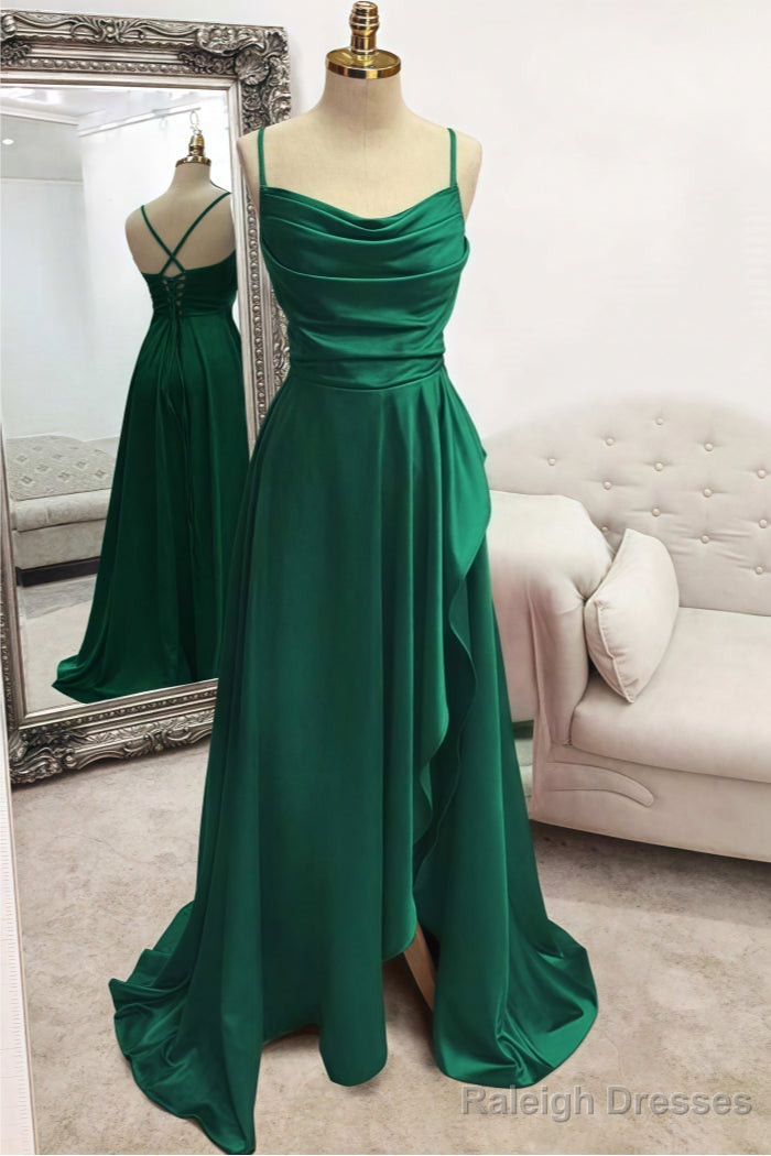 A Line Bateau Spaghetti Straps Long Dress Floor Length Satin Prom Dress With Pleated Split