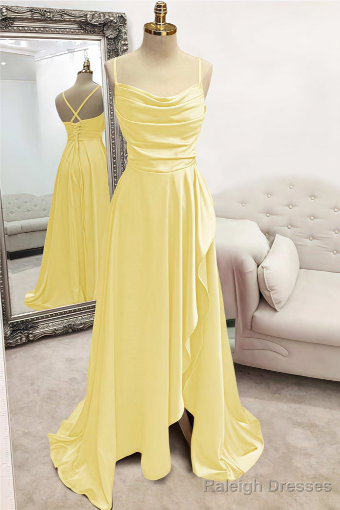A-line Bateau Spaghetti Straps Long/Floor-Length Satin Prom Dresses With Pleated Split