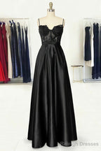 A Line Sweetheart Spaghetti Straps Long Dress Floor Length Satin Prom Dress With Appliqued Pockets