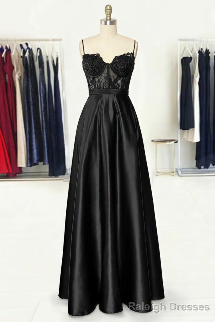A Line Sweetheart Spaghetti Straps Long Dress Floor Length Satin Prom Dress With Appliqued Pockets