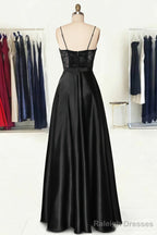 A Line Sweetheart Spaghetti Straps Long Dress Floor Length Satin Prom Dress With Appliqued Pockets