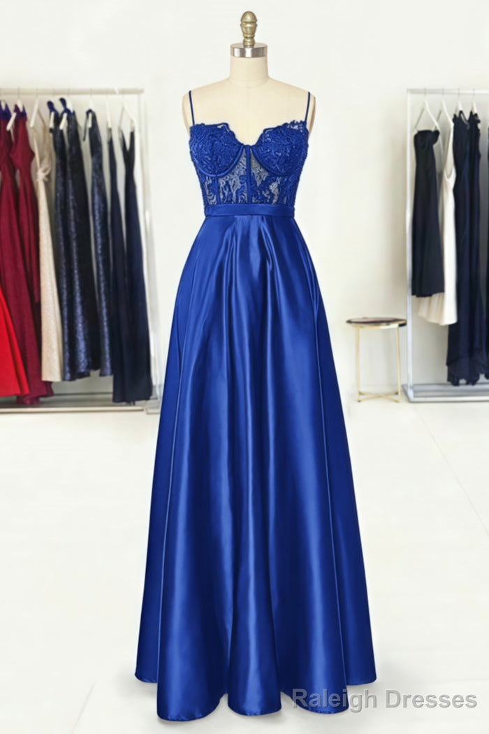 A-line Sweetheart Spaghetti Straps Long/Floor-Length Satin Prom Dresses With Appliqued Pockets