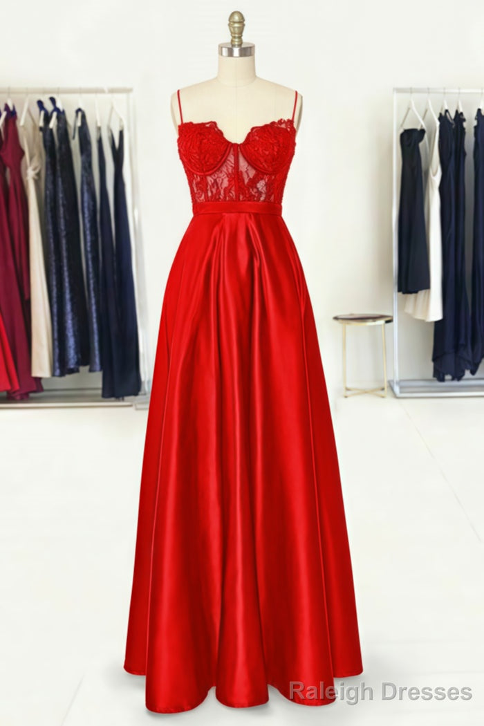 A Line Sweetheart Spaghetti Straps Long Dress Floor Length Satin Prom Dress With Appliqued Pockets