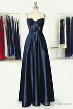 A Line Sweetheart Spaghetti Straps Long Dress Floor Length Satin Prom Dress With Appliqued Pockets