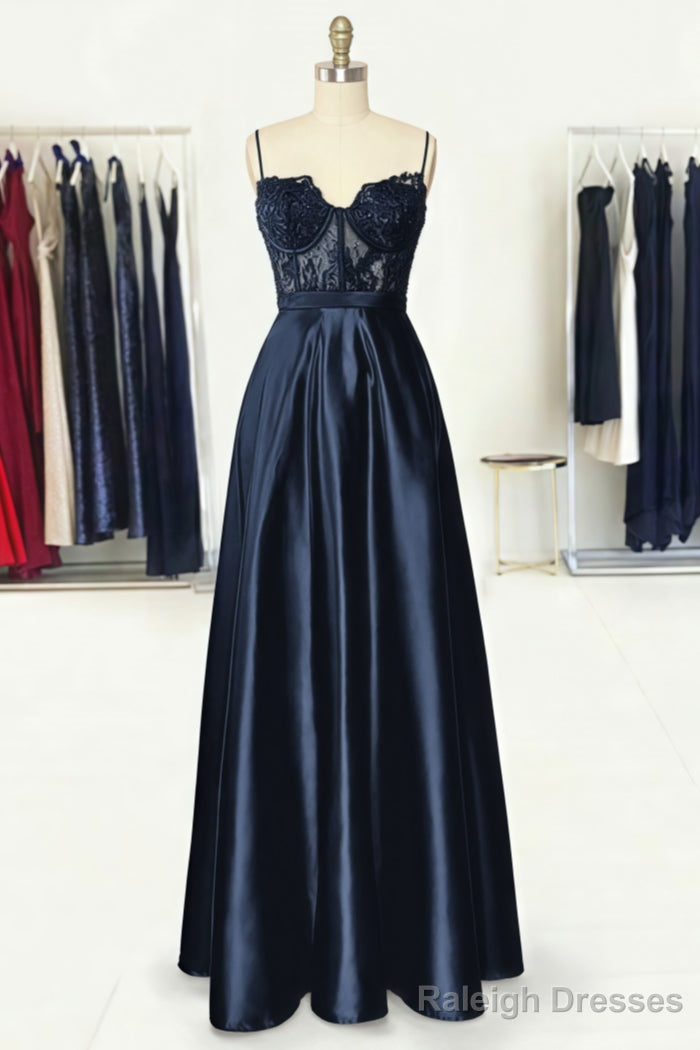 A Line Sweetheart Spaghetti Straps Long Dress Floor Length Satin Prom Dress With Appliqued Pockets