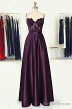 A Line Sweetheart Spaghetti Straps Long Dress Floor Length Satin Prom Dress With Appliqued Pockets