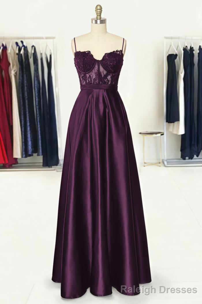 A Line Sweetheart Spaghetti Straps Long Dress Floor Length Satin Prom Dress With Appliqued Pockets