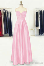 A Line Sweetheart Spaghetti Straps Long Dress Floor Length Satin Prom Dress With Appliqued Pockets