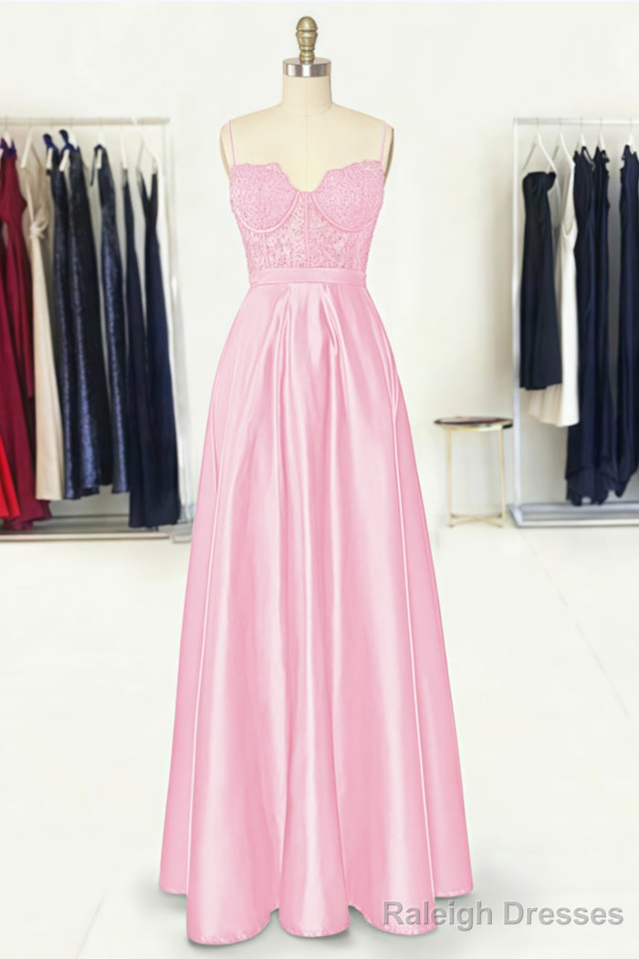 A Line Sweetheart Spaghetti Straps Long Dress Floor Length Satin Prom Dress With Appliqued Pockets