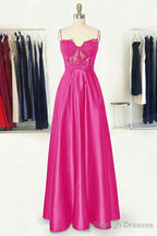 A Line Sweetheart Spaghetti Straps Long Dress Floor Length Satin Prom Dress With Appliqued Pockets