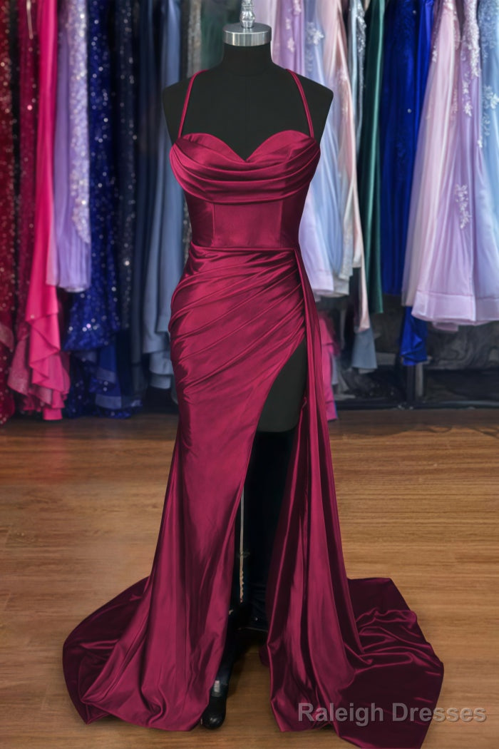 A-line Sweetheart Spaghetti Straps Sweep Train Silk like Satin Ruched Prom Dresses