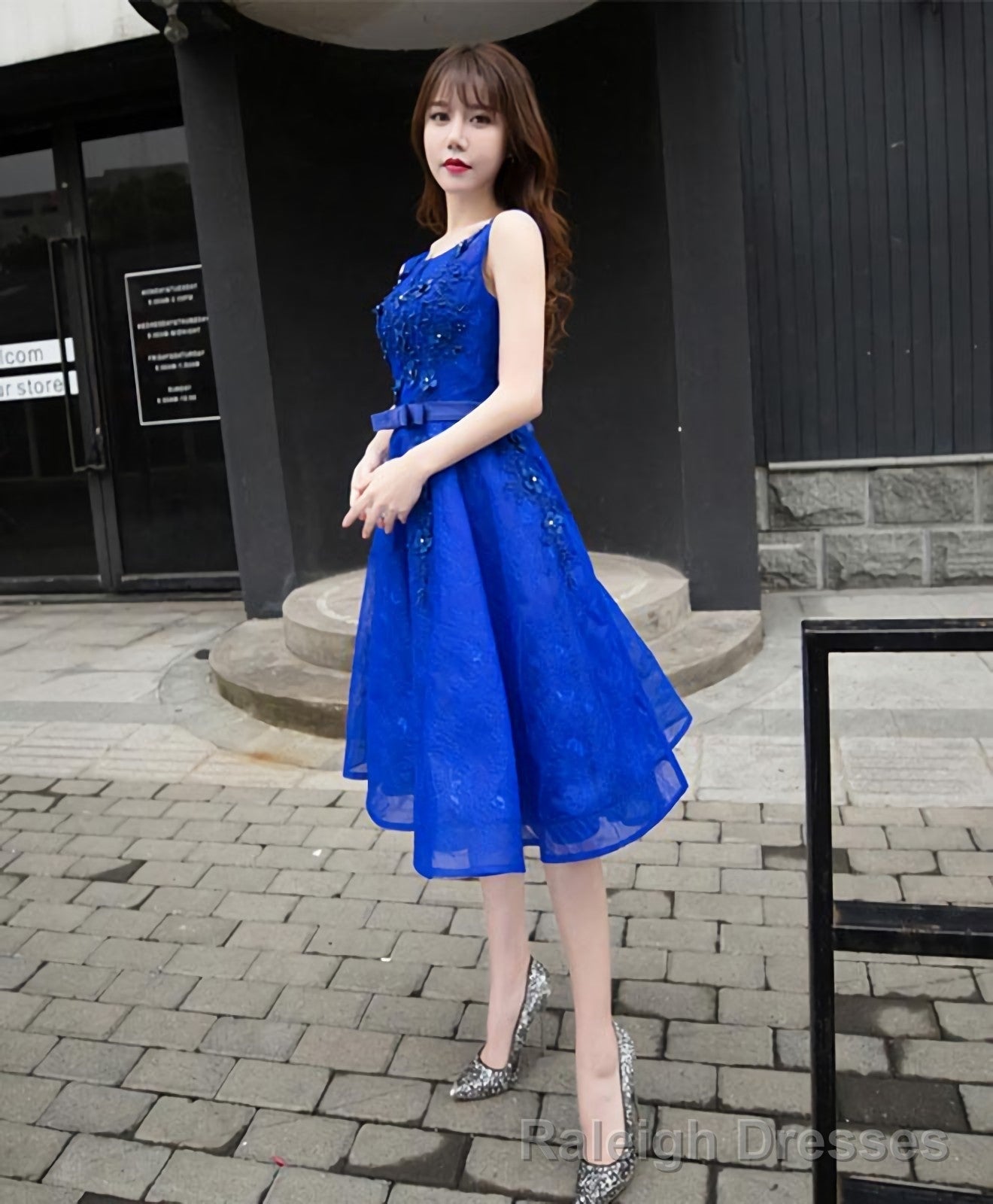 Royal Blue Lace A Line Short Prom Dress