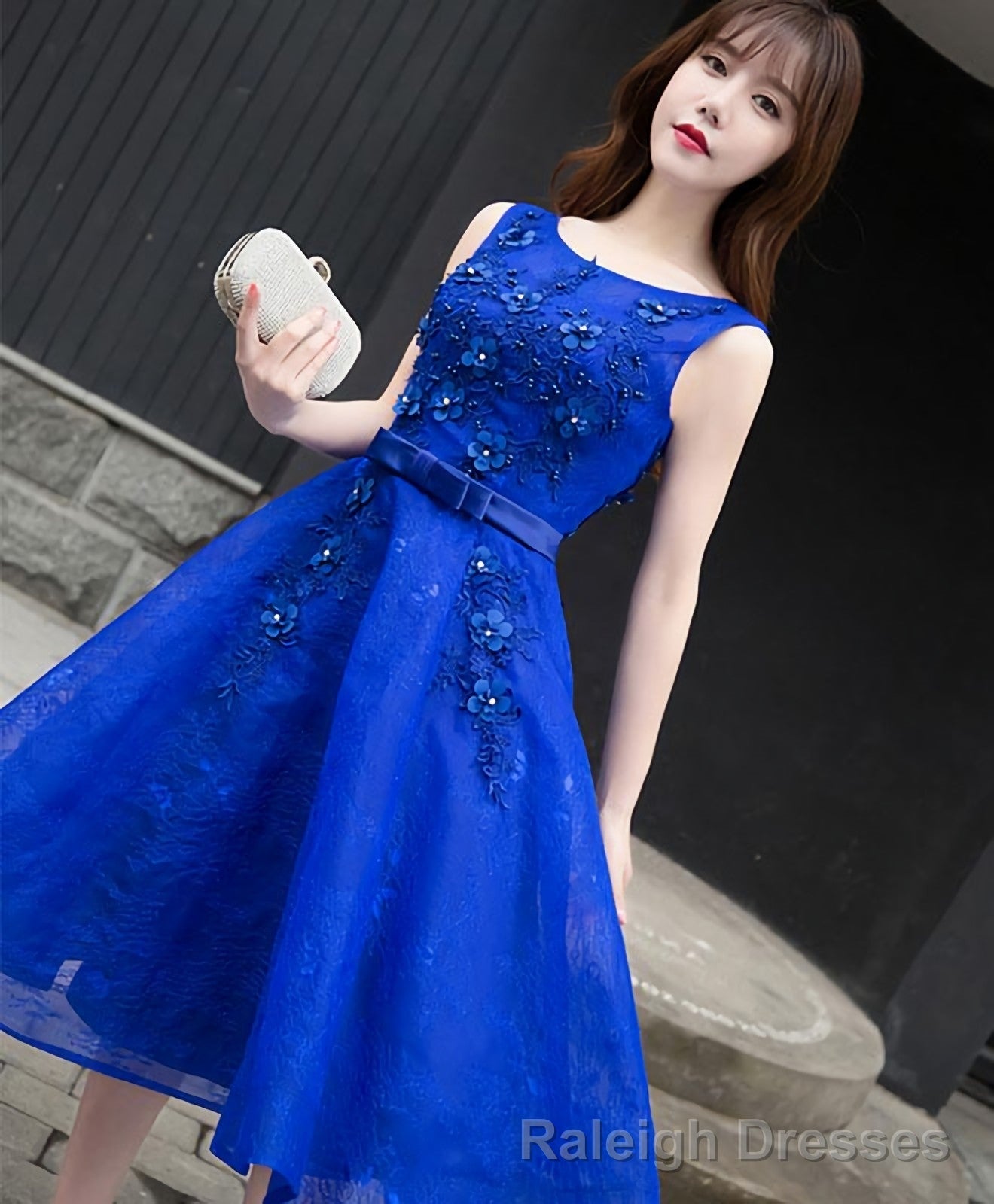 Royal Blue Lace A Line Short Prom Dress Evening Dress Secondary image
