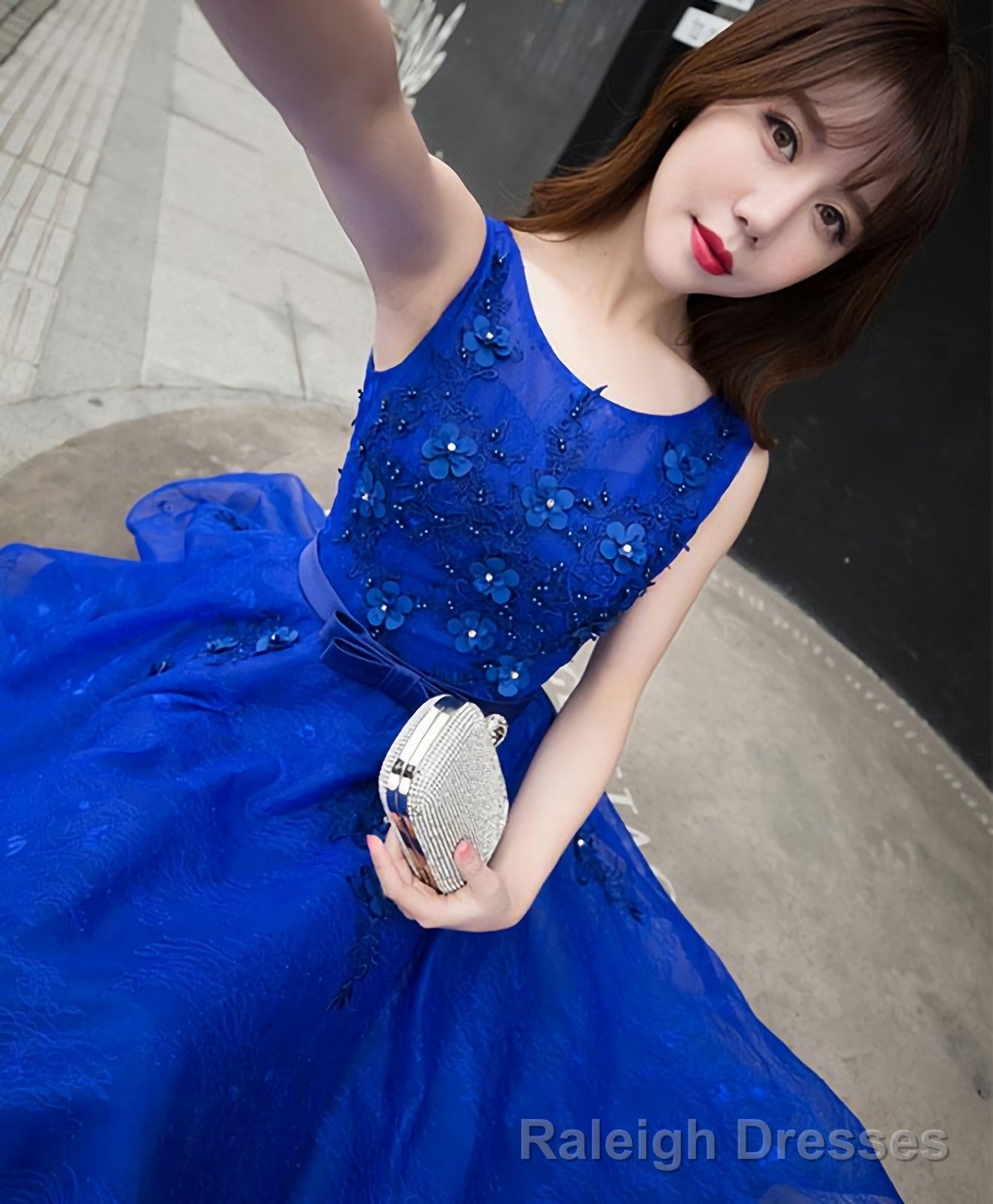 Royal Blue Lace A Line Short Prom Dress