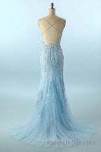 Blue Spaghetti Straps Backless Appliques Prom Dresses