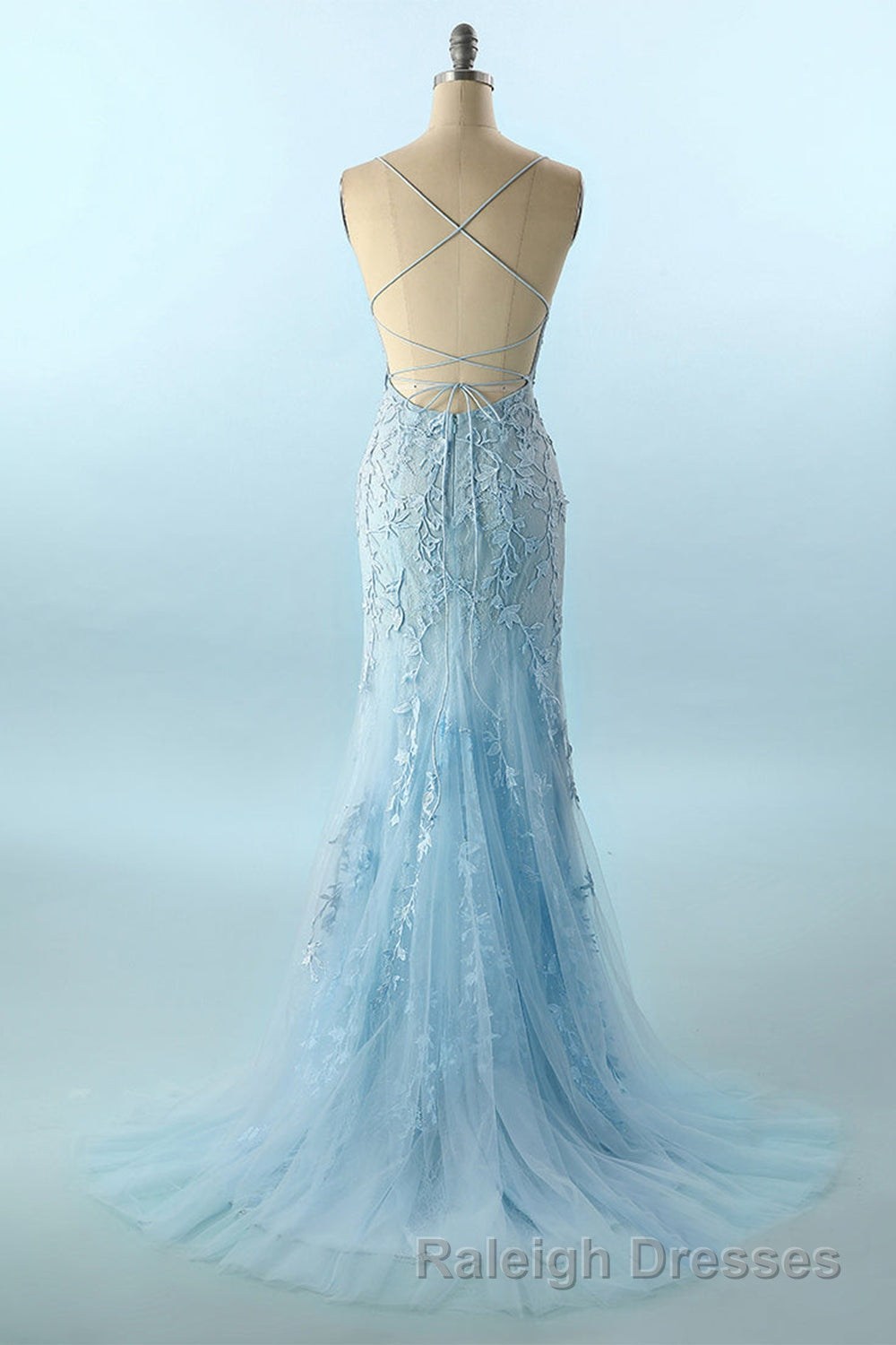 Blue Spaghetti Straps Backless Appliques Prom Dresses