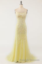 Blue Spaghetti Straps Backless Appliques Prom Dresses
