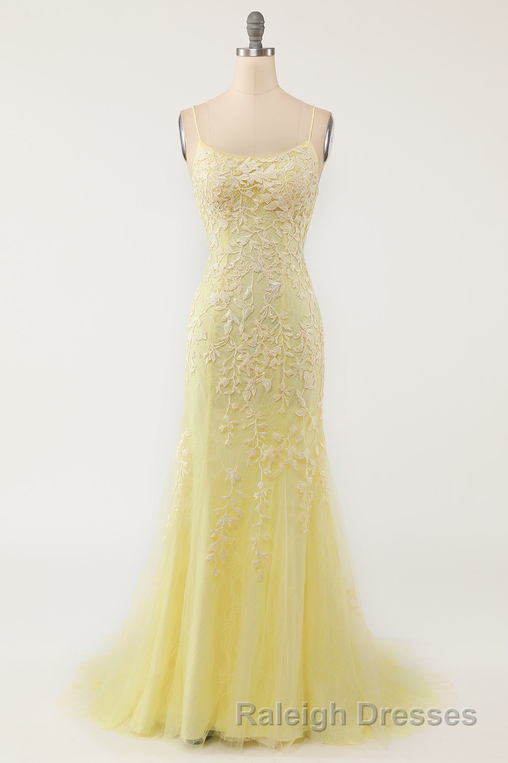 Blue Spaghetti Straps Backless Appliques Prom Dresses