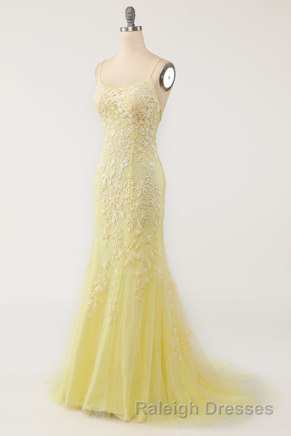 Blue Spaghetti Straps Backless Appliques Prom Dresses