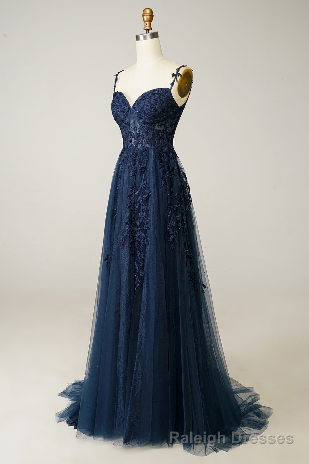 A Line Spaghetti Straps Navy Prom Dress with Appliques Main image