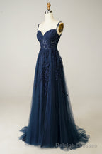 A Line Spaghetti Straps Navy Prom Dress with Appliques
