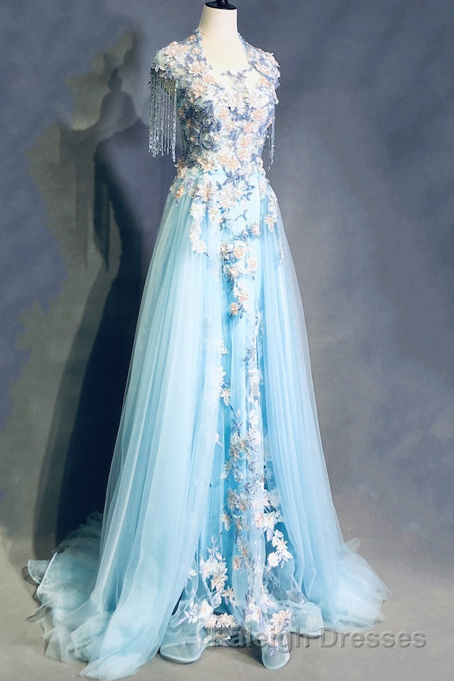 Modest Square Neckline Beading Appliques Sky Blue Long Prom Dresses Pageant Gown Secondary image
