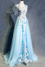Modest Square Neckline Beading Appliques Sky Blue Long Prom Dresses Pageant Gown