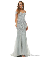 Off Shoulder Mermaid Evening Dresses, Luxurious Silver Bead Trumpet Formal Prom Dress