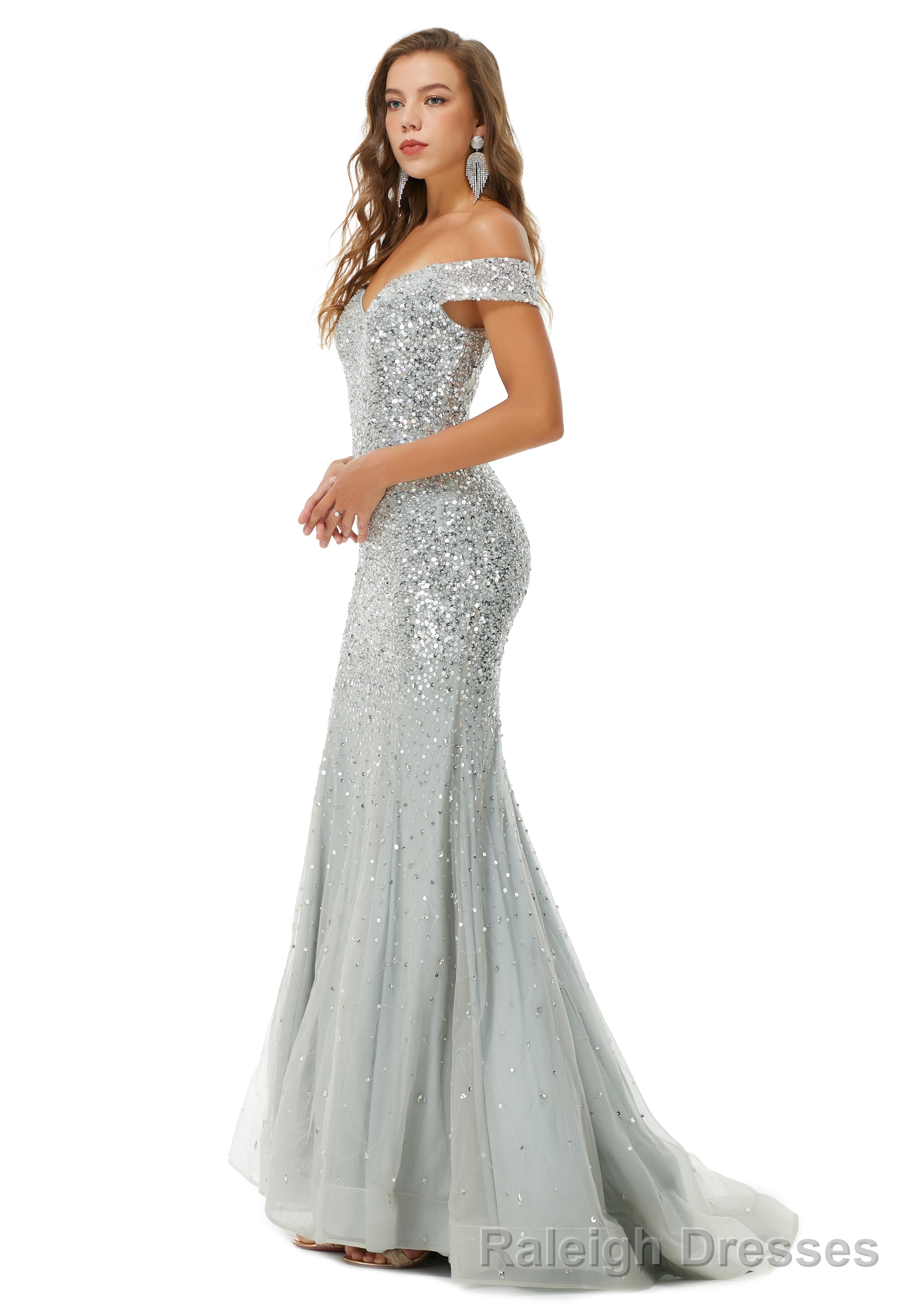 Off Shoulder Mermaid Prom Dresses, Luxurious Silver Bead Trumpet Formal Prom Dress