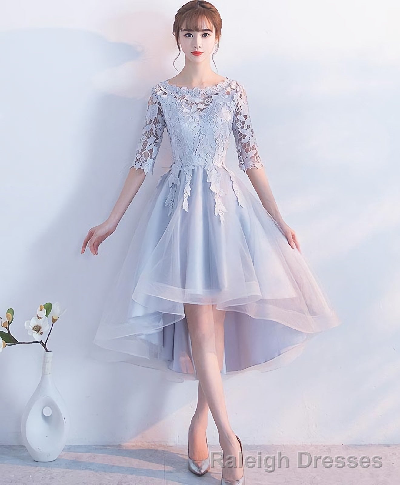 Gray Lace Tulle High Low Prom Dress Lace Prom Dress
