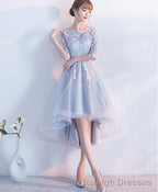 Gray Lace Tulle High Low Prom Dress Lace Evening Dress