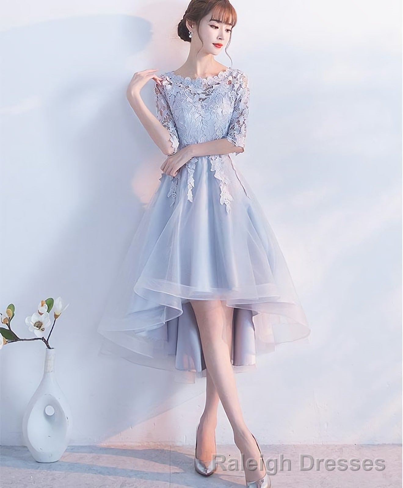 Gray Lace Tulle High Low Prom Dress Lace Prom Dress