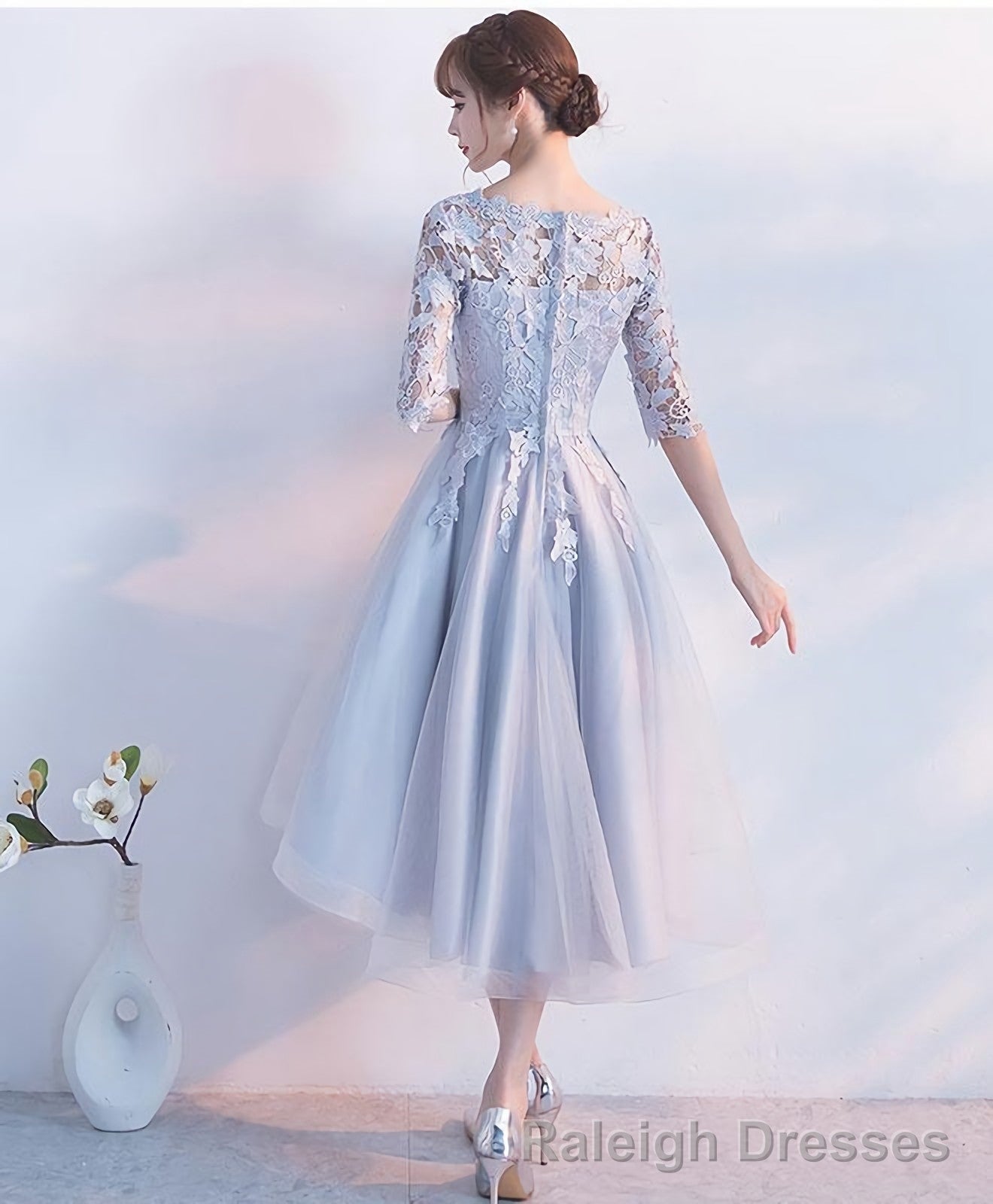 Gray Lace Tulle High Low Prom Dress Lace Prom Dress