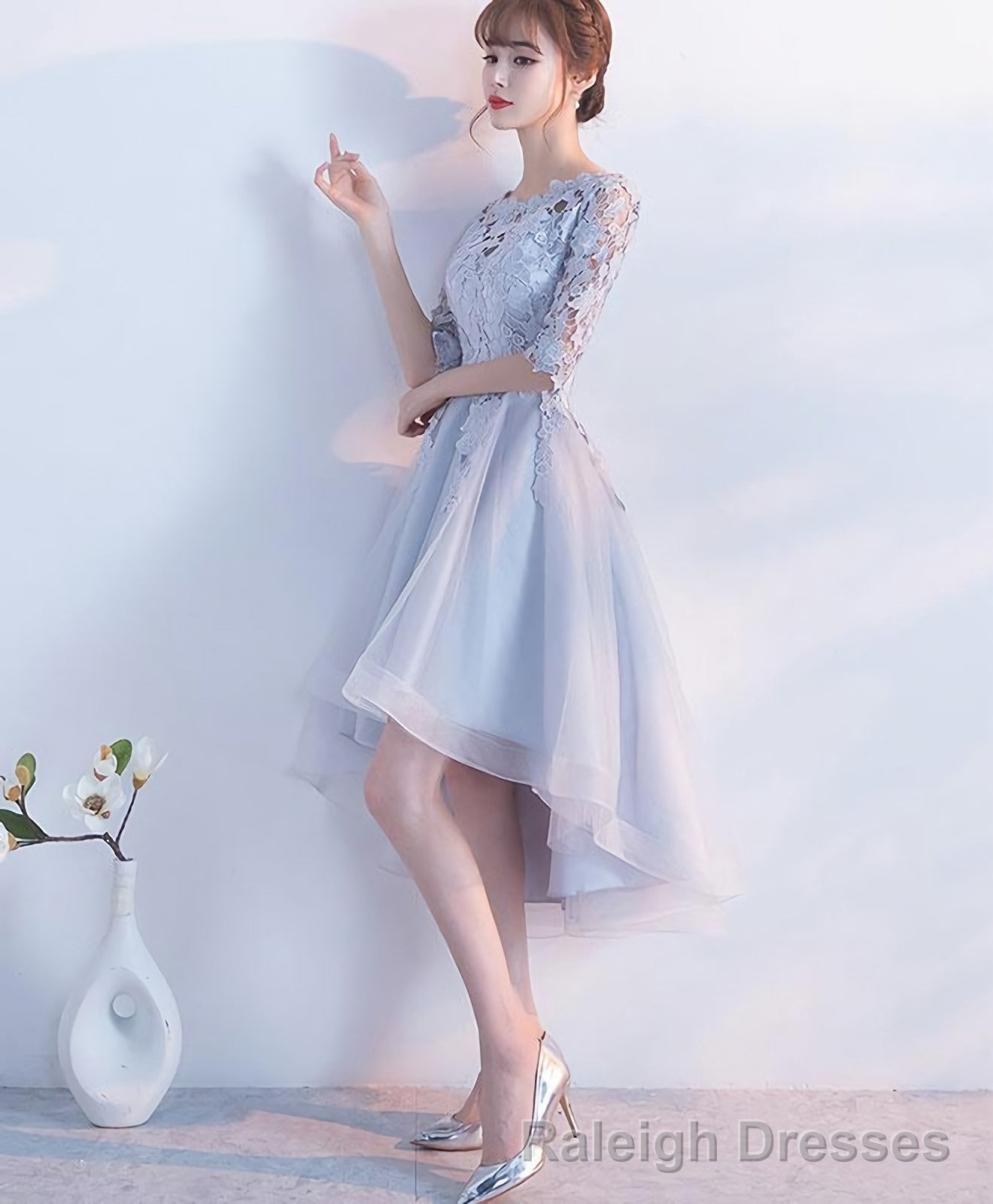 Gray Lace Tulle High Low Prom Dress Lace Prom Dress