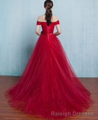 Red A Line Tulle Long Prom Gown Evening Dress