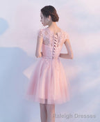 Pink A Line Tulle Lace Short Prom Dress Homecoming Dress 1