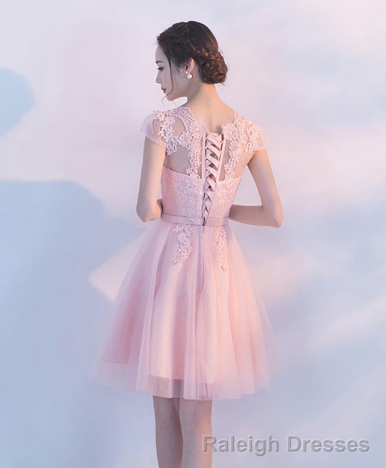 Pink A Line Tulle Lace Short Prom Dress Homecoming Dress 1 Secondary image