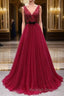 Elegant A-line V-neck Long Prom Dresses Tulle Appliques Beaded Formal Dresses