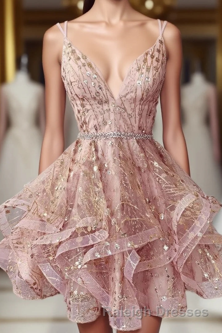 Cute Sequins Pink Homecoming Dresses V-neck Beaded Short Prom Dresses Main image