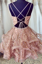 Cute Sequins Pink Homecoming Dress V Neck Beaded Short Prom Dress