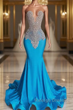 Ocean blue sleeveless mermaid prom dress with long beadings
