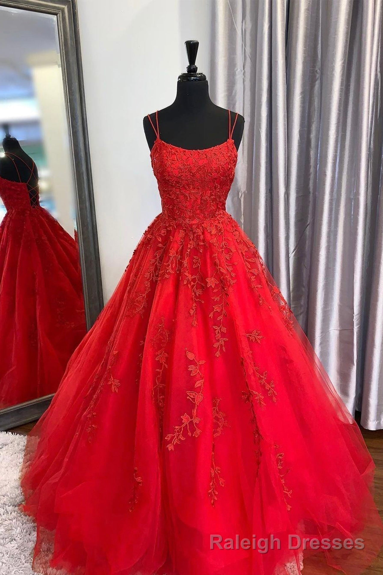 Red Lace Long Prom Dresses, A-Line Formal Evening Dresses Main image